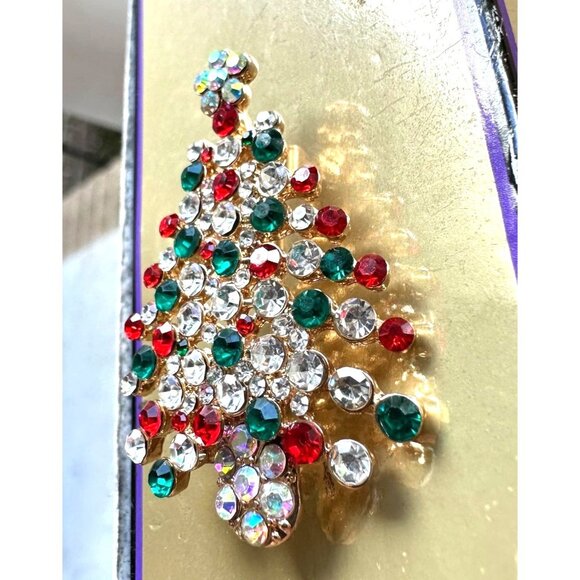 Rhinestone Christmas Tree Brooch Pin New Aurora Borealis Red Green Flow… - Picture 7 of 9